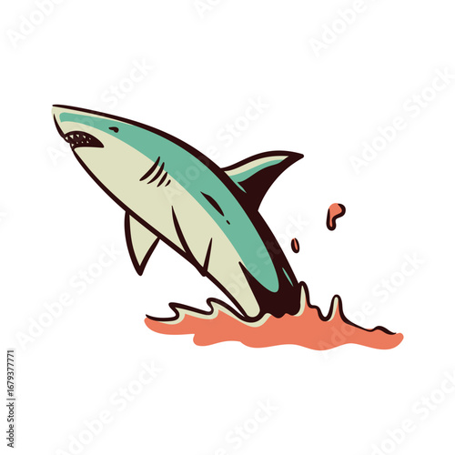 Stylized cartoon shark breaching water with jagged teeth and fins in a dynamic pose, evoking a sense of power and action