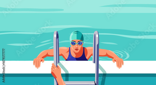 Swimming athlete exiting the pool, holding the ladder, illustration, vector image