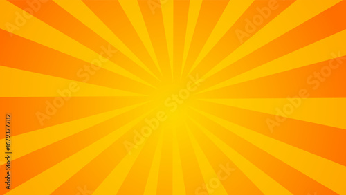 A vibrant background of yellow and orange sunburst rays radiating from the center, creating a bright and energetic, retro-style pattern.