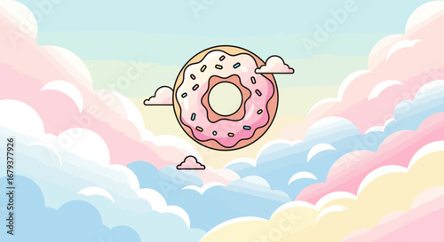 Whimsical Donut Floating In A Pastel Sky Amidst Clouds, Delicious Treats Fantasy