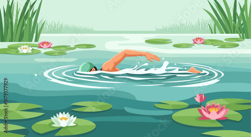 Swimming in a Peaceful Pond Surrounded by Water Lilies and Aquatic Plants