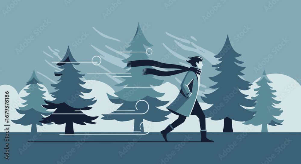 Winter illustration of a person running in a snowy forest with wind blowing through trees