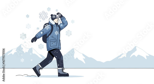 Winter Explorer Hiking Through Snowfall Seeking Mountainous Vista Discoveries Adventure