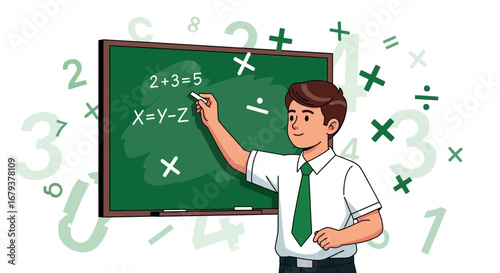 Teacher Explaining Math Equation On Blackboard with Numbers Background in Classroom Setting