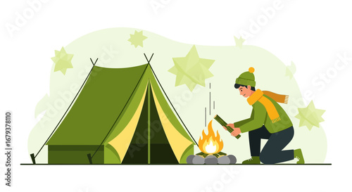 Winter Camping Scene Depicting A Person Starting A Campfire Near A Tent