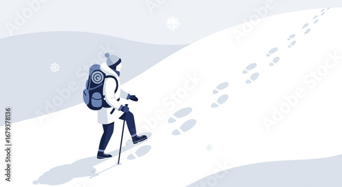 Winter Explorer Trekking Uphill Amongst Snowflakes And Footprints In A Snowy Landscape