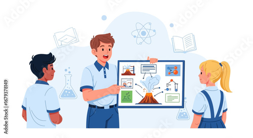 Teacher Explaining Science Lesson To Students With Explanatory Diagram In Classroom Setting