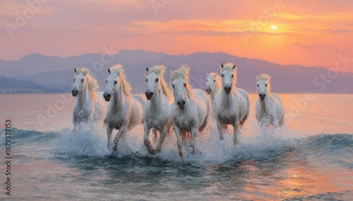Majestic white horses gallop through ocean waves at sunset (1)