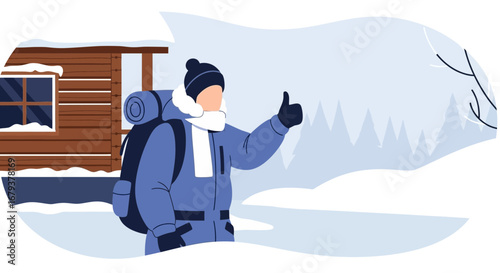 Winter Hiker with Backpack Seeking Assistance Near Wood Cabin in Snowy Landscape
