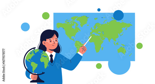 Teacher Explaining World Geography Using Map And Globe In Education Illustration