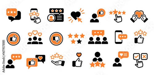 feedback or review icons set. customer review icons for satisfaction, rating, star, like, support, love, report concept. vector eps icons set.