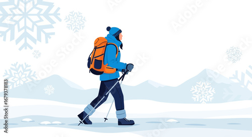 Winter Hiking Adventure Depicted with Snowflakes, Mountains, and a Solo Hiker in Blue