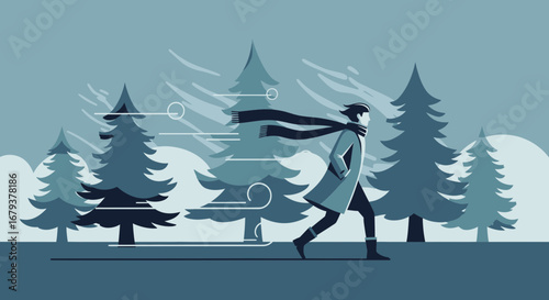 Winter illustration of a person running in a snowy forest with wind blowing through trees