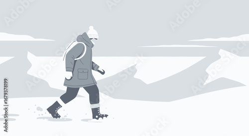 Winter Landscape Depicting Adventurous Individual Trekking Snowy Terrain In Cold Conditions