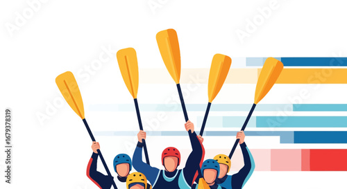 Team Of Enthusiastic Kayakers Celebrating Success With Paddles Raised in The Air