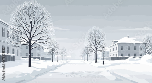Wintery Streetscape, Snowy Buildings And Trees, Cold Weather Scene, Monochrome Illustration