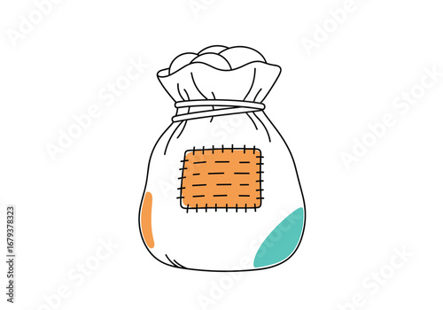 A simple cloth sack with colorful patches and a drawstring closure