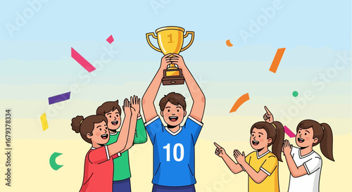 Team celebrates winning a trophy with confetti cheering and pointing upwards at success