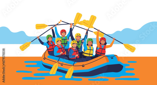 Team Enjoying Whitewater Rafting Adventure Amidst Serene Waters and Beautiful Sky