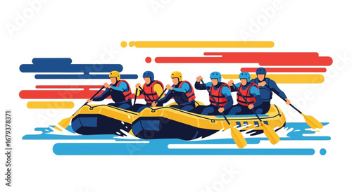 Team of People Whitewater Rafting in River, Vector Illustration Adventure Sport