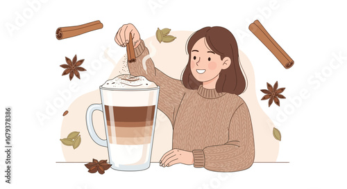 Woman Adding Spices To Coffee Vector Illustration, Preparing A Warm Delicious Drink