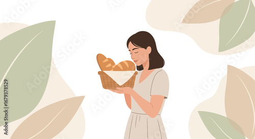 Woman Admiring Freshly Baked Bread, Capturing Daily Life, Aesthetic Scene Presentation