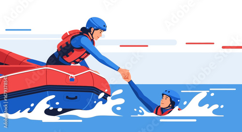 Teamwork And Collaboration In A Whitewater Rafting Adventure Illustration