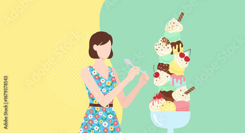 Woman Admiring Ice-Cream Sundae, Decorated With Whipped-Cream, Chocolate and Cherries