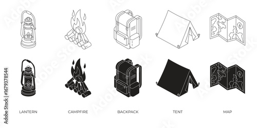 Camping Gear Icon Set Isometric Outline Vector Icons of Tent, Backpack, Lantern, Campfire, and Map for Outdoor Adventure
