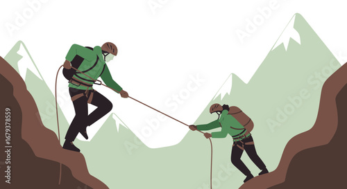 Teamwork and Determination Depicted in Climbers Ascending a Rocky Mountain