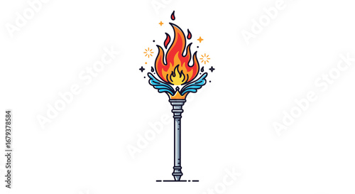 Majestic fiery torch with angelic wings and glowing stars symbolizing victory and illumination