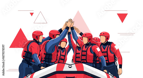 Teamwork Celebration Depicting Rafting Crew Celebrating Their Successful Collaboration and Adventure