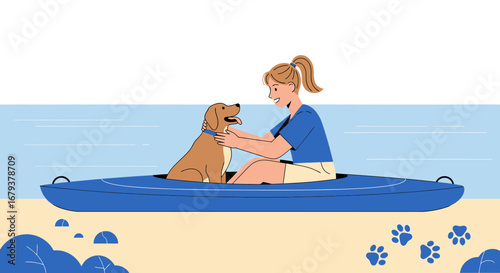 Woman And Dog Enjoying A Kayak Experience On The Serene Watery Shoreline
