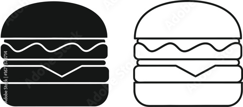Simple graphic icons of a classic hamburger, one solid black and one outlined
