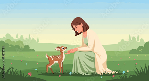 Woman And Fawn In The Meadow, Bonding Moment, Inquisitive Nature and Animal Sympathy
