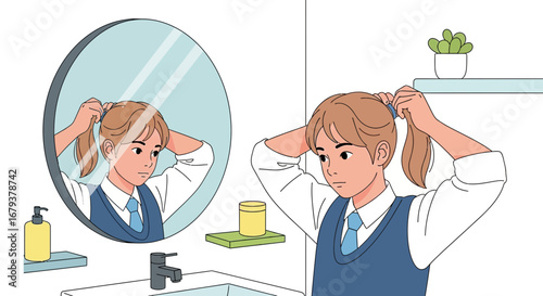 Teenager Preparing Her Hair In Front Of The Mirror Before Starting The School Day