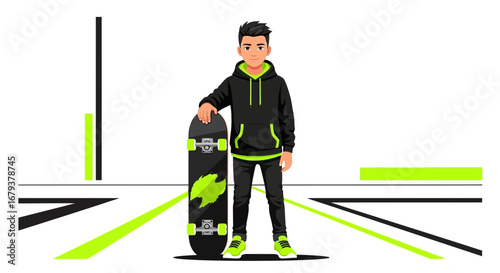 Teenager Posing Confidently with Skateboard in a Modern, Vibrant, Vector-Style Design