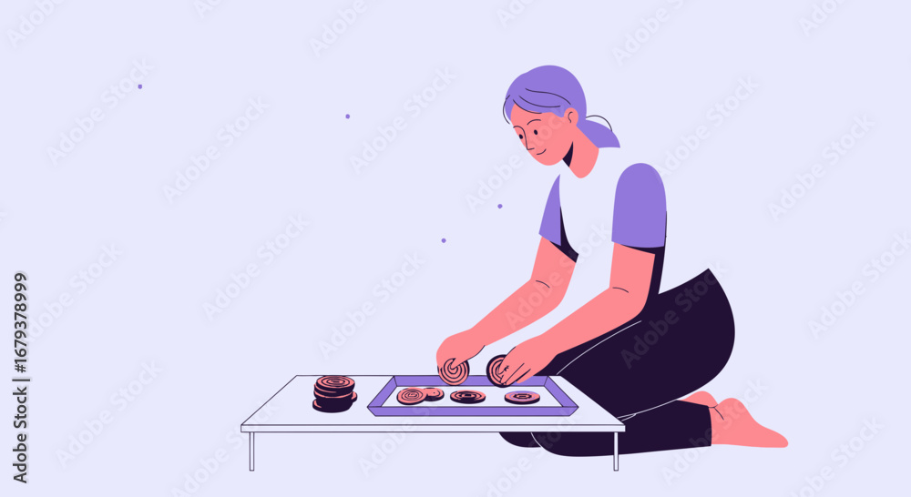 Obraz premium Woman Arranging Elements on a Table, Creating a Composition in a Simple, Unique Fashion