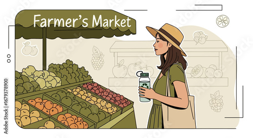 Woman Appreciates Organic Harvests At A Vibrant Farmers Market On A Sunny Day