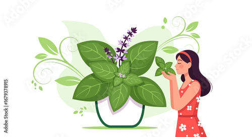 Woman Appreciating The Scent of Basil Plant In A White Pot, In A Minimalist Style