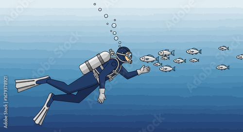 The Diver Interacting With Fish Deep Underwater In Calm, Blue Ocean Environment