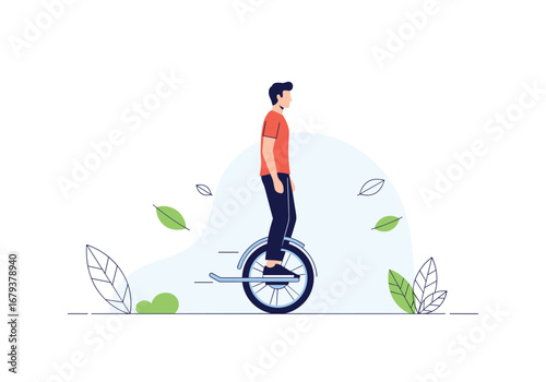Man riding a one wheeled bicycle in a park surrounded by green leaves and dotted lines