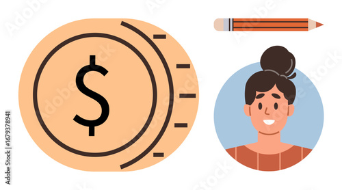 Dollar coin, smiling woman portrait in circular frame, pencil. Ideal for finance, education, budgeting, creativity, business personal development modern concepts. Simple flat metaphor