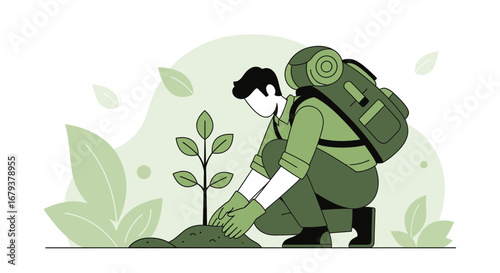 The Gardener Plants Young Tree While Backpacking and Embracing Environmental Consciousness