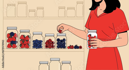 Woman Arranging Assorted Berries Into Jars For Food Storage And Preservation Purposes