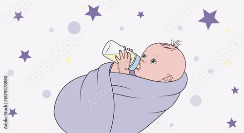 The Serene Swaddled Infancy, Embracing Nourishment and Peaceful Rest with Celestial Sprinkles