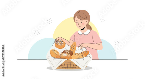 Woman Arranging Breads In A Basket For Delicious Bakery And Perfect Breakfast