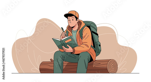 Thoughtful Hiker Taking Notes While Resting On A Log In The Natural Wilderness