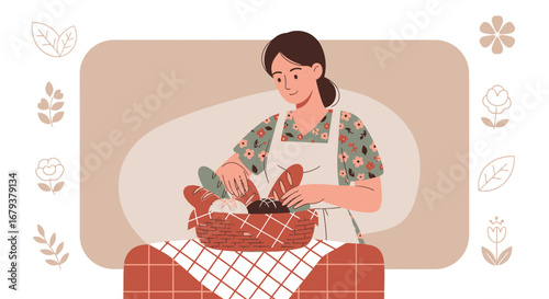 Woman Arranging Freshly Baked Bread in a Basket for Gathering and Enjoyment