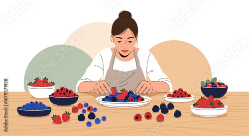 Woman Arranging Fresh Berries on a Plate in Preparation for a Healthy Recipe